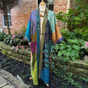 Vintage Sacred Threads Silk Reversible Patchwork Long Open Kimono Sz XL